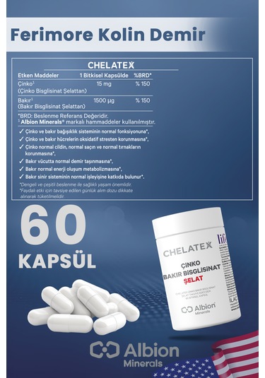 Chelatex Çinko Bakır Bisglisinat Şelat 60 Bitkisel Tablet