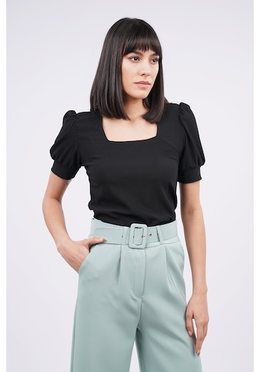 Gabria Kadın Kare Yaka Örme Bluz Siyah