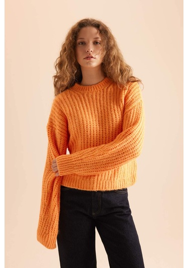 DeFacto Coool Oversize Geniş Kalıp Bisiklet Yaka Triko Kazak V1811AZNSOG162 Turuncu