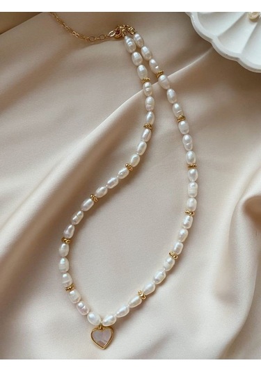 Vip Tasarım Gerçek İnci Sedef Kalpli Kolye Altın Kaplama Beyaz