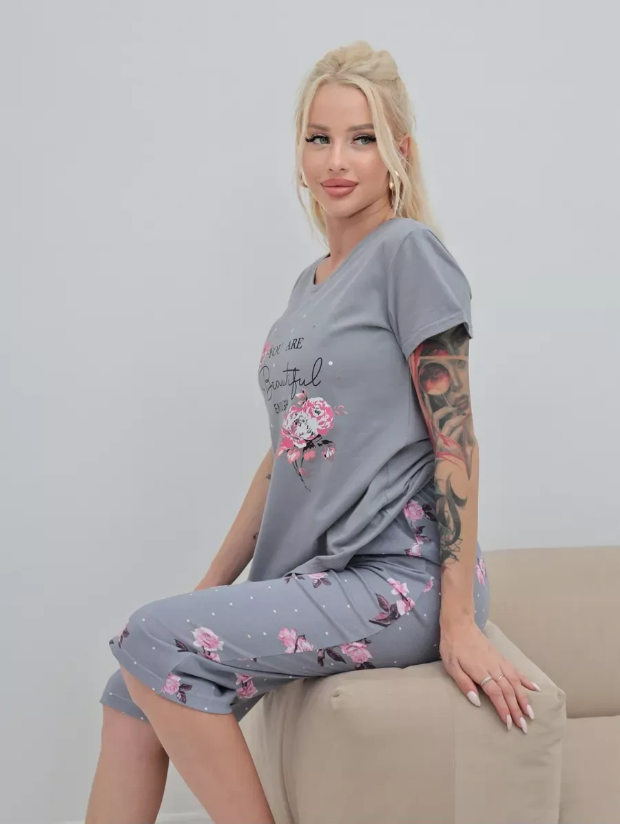 Saratex Büyük Beden Kapitone Şortlu Pamuklu Pijama Takımı 452956006 Gri