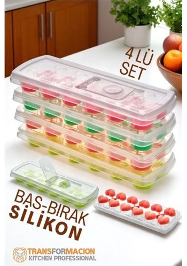 Modacar Buz Kalıbı - Bas-bırak Kapaklı Silikon Buz Kalıbı 4 Lü Set