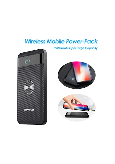 Jeemson Aweı P55k Kablosuz 10000mah Powerbank Siyah - 3 Cihazı Eşzamanlı Şarj Edebilir, Akku Miktarı Göstergeli, Mini Tasarım Siyah