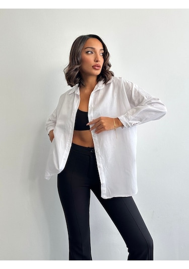 Kadın Oversize Uzun Basic Gömlek Beyaz