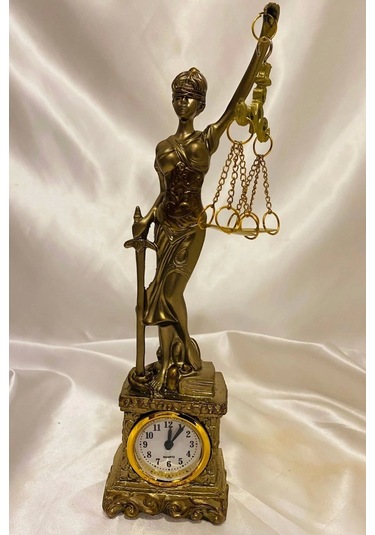 Avukat Adalet Kadın Heykeli Themis Terazi Dekoratif Hakim Savcı Saatli