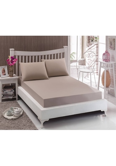 Çift Kişilik Ranforce Kumaş Lastikli Fitted Çarşaf Takımı Vizon