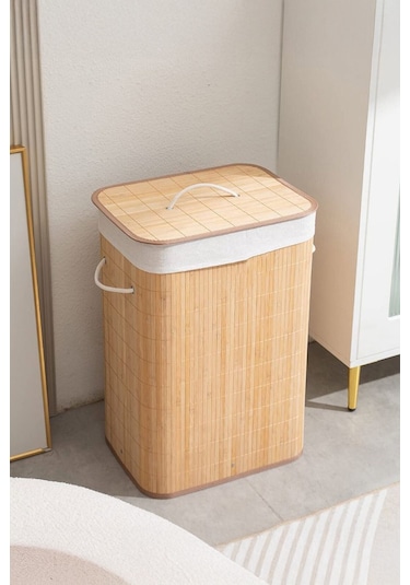 İronika Bambu Kirli Çamaşır Sepeti Halatlı Bambu Çamaşır Oyuncak Sepeti Dikdörtgen Açık Kahverengi