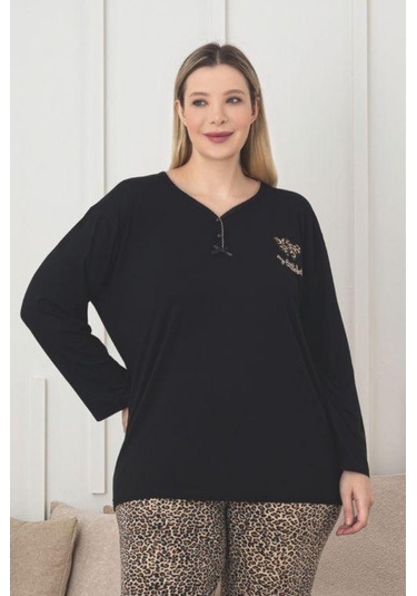 X-dreamy Büyük Beden Viskon Desenli Uzun Kollu Pijama Takımı Leopar