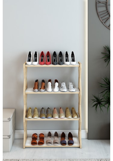 Zühre Safir Meşe -beyaz -4 Raflı Ahşap Ayakkabılık -çok Amaçlı Dekoratif Raf, Organizer Beyaz - Safir Meşe