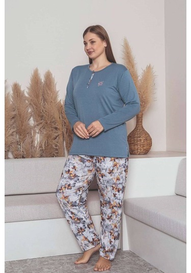 Kadın Çiçek Desen 3 Düğme Likralı Viskon Mevsimlik Büyük Beden Uzun Kol Pijama Takımı İndigo