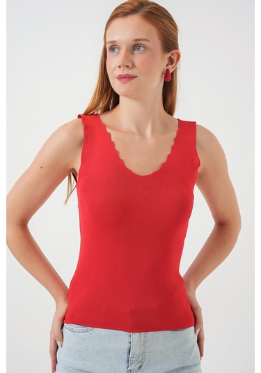 Kadın Zikzaklı V Yaka Bluz 15930 - Kırmızı Kırmızı