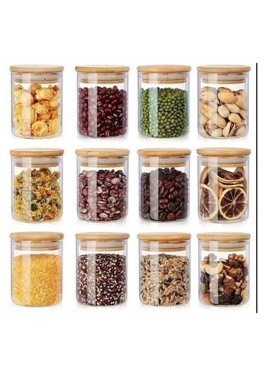 12'li Borosilikat Cam Baharatlık Seti - Sızdırmaz Silikonlu Bambu Kapak - 70 X100 Mm -300 Ml X12 Seffaf Cam