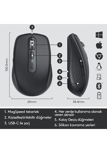 Logitech MX Anywhere 3S Kompakt Kablosuz Lazer Mouse