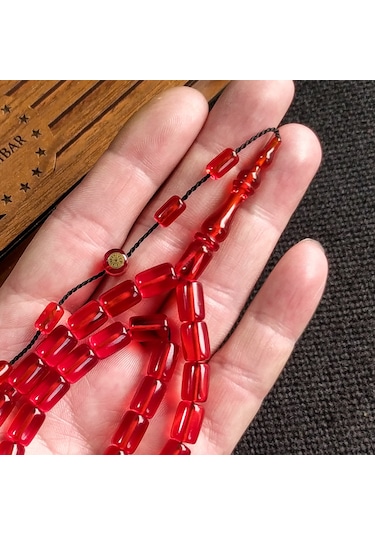 İmzalı 7X11 mm Kırmızı Ateşi Kehribar Tesbih Usta İşçilikli