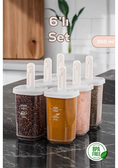 Porsima 4360 6lı Kaydırmalı Kendinden Kaşıklı Sızdırmaz Kapaklı Etiketli Baharatlık Seti - Saklama Kabı Beyaz - Şeffaf