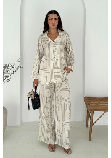 Geometrik Desen Modal Saten Takım Beyaz Beyaz
