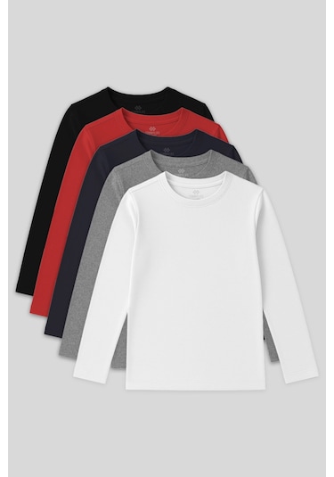 Standart Fit Basic O Yaka 5li Paket Unisex Çocuk T-shirt - 11329 Çok Renkli
