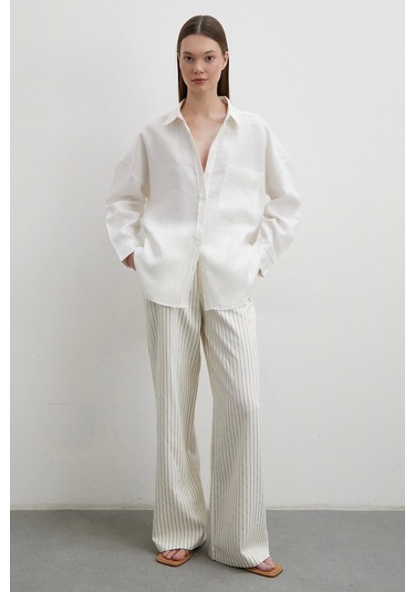 Robalı Cepli Keten Gömlek Ekru Ekru