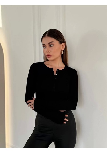 Cıt Cıt Detaylı Uzun Kollu Crop - Siyah Siyah