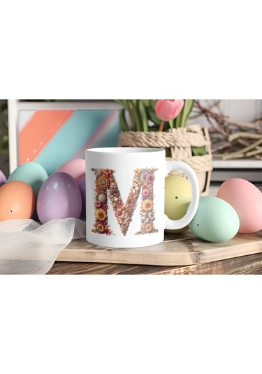 M Harfi Çiçek Desenli Kupa Bardak - Alfabe Harfleri İle Doğal Çiçekli Kupa - Hediye Fikir Beyaz