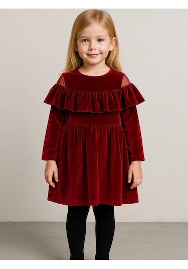 Kız Çocuk Omuzları Açık Kat Kat Fırfırlı Kırmızı Kadife Elbise-16404 Kırmızı