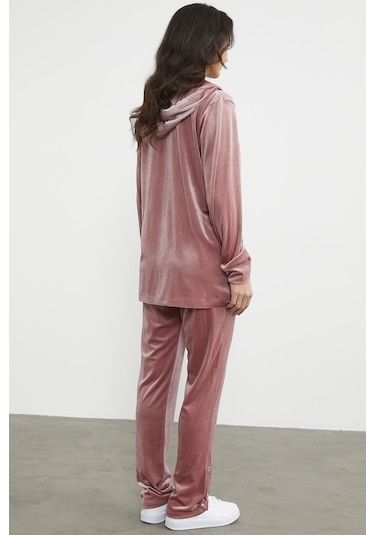 Tam Fermuarlı Tunik Boy Kadife Eşofman Takım - Pudra 001