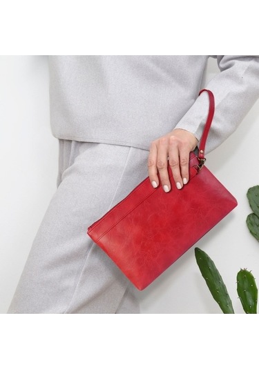 Shidai888 Retro Deri Debriyaj Fermuarlı Zarf Çanta Kırmızı