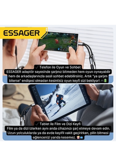 Essager 2in1 Type-c Adaptör 60w Hızlı Şarj + Type C Kulaklık Çıkışı, Hifi Ses Ve Hızlı Şarj Adaptörü Gri