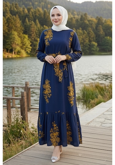 Bestenur Noyra Desenli Viskon Elbise 1722 - Lacivert
