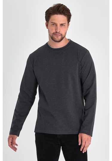 MMetalic Çift Bisiklet Yaka Standart Rahat Kesim Erkek Sweatshirt Antrasit