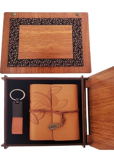 Ahşap Kutulu Taba Renk Deri Defter Anahtarlık Set 1 Adet