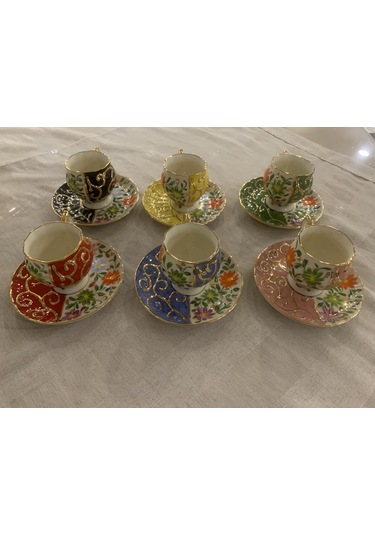 Fermato 12 Parça 6 Kişilik El Boyama Kahve Fincanı Karışık Set 6 Çok Renkli