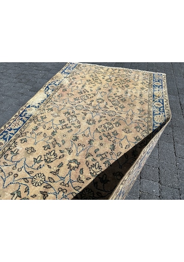 El Dokuma 115x175 Eskitme Vıntage Dekoratif %100 Yün Mavi Krem Mavi