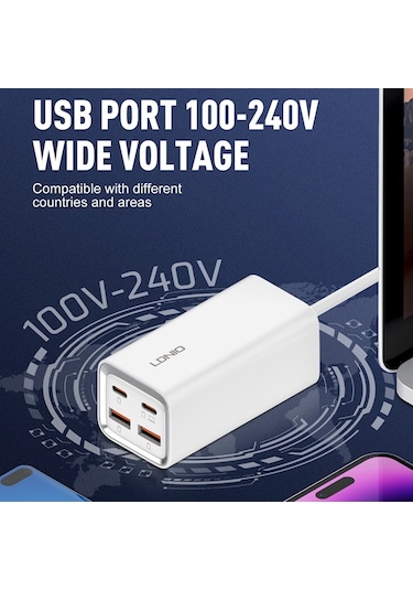 Ldnıo A4610c Pd65w Çift Usb-c / Tip-c + Çift Usb Hızlı Şarj Cihazı, Kablo Uzunluğu: 1.5m, Fiş Tipi: Ab Fiş ﾡﾤ Beyaz Beyaz