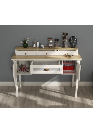 Valena Makyaj Masası 2 Dolap 4 Çekmeceli Panjur Kapaklı Mdf Profil Ayaklı 132 Cm Beyaz