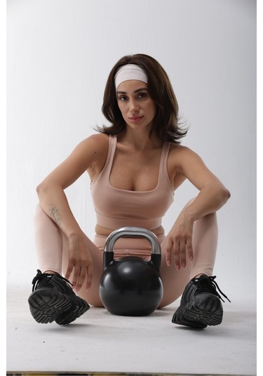 Polyester Pudra Normal Bel Fitted Basic Sporcu Tayt Takımı Pudra