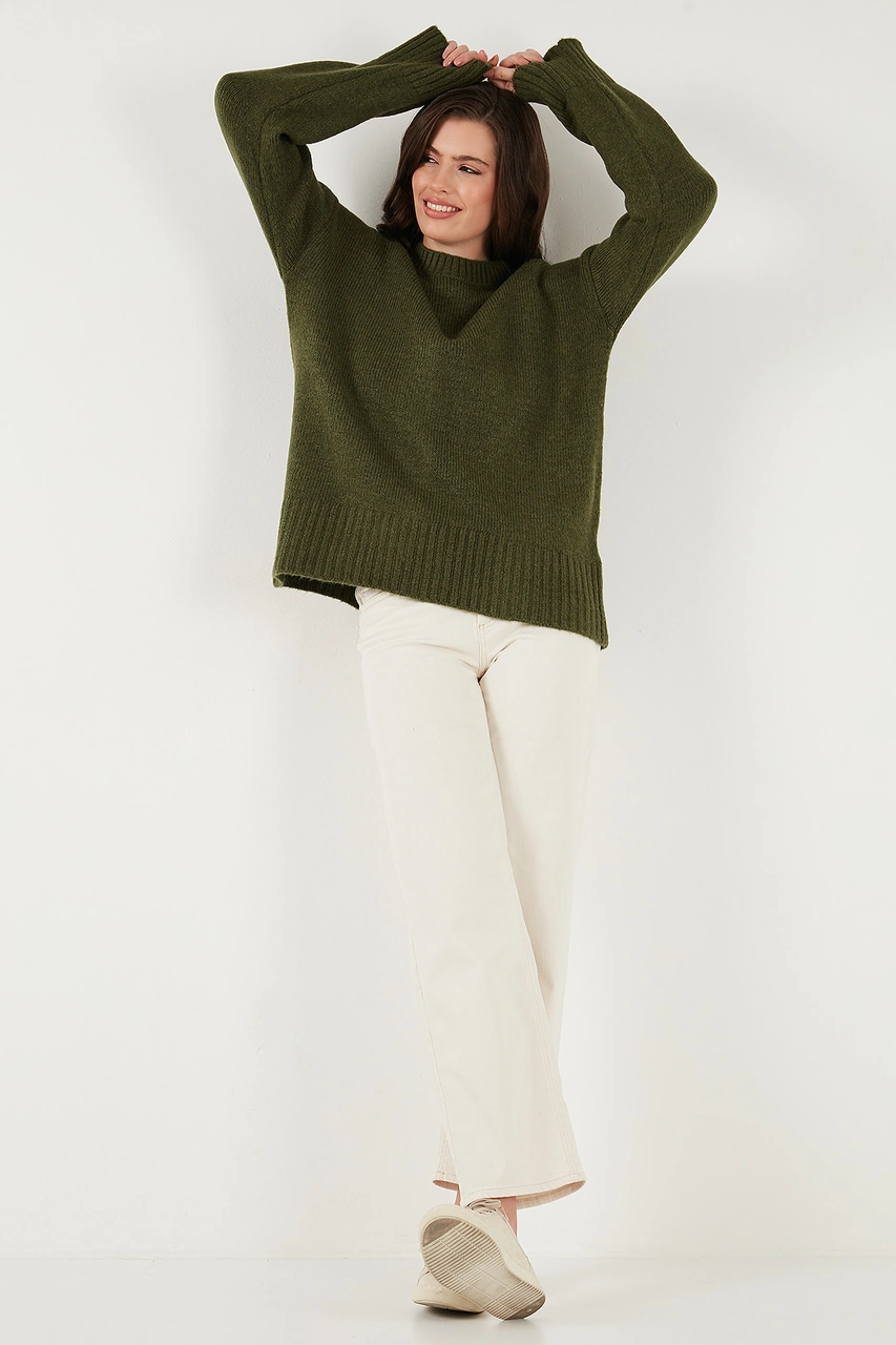 Lela Regular Fit Bisiklet Yaka Basic 2'Li Paket Triko Bayan Kazak 4616213S2 Bebe Mavi-Haki