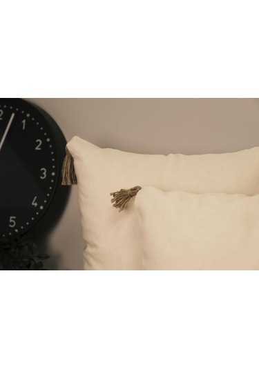 3'lü Hasır Püsküllü Naturel Keten Karışımlı Kırlent Kılıfı Krem-2638 Açık Krem