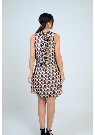 Kadın Degaje Yaka Astarlı Desenli Kısa Şifon Elbise-41718 Hardal