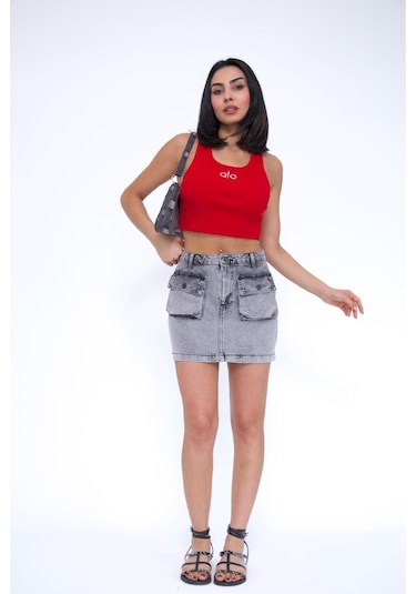 Zeo Basic Kargo Cepli Grey Mini Skirt Gri