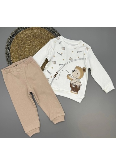 Erkek Bebek Ayıcık Baskılı Alt Üst İkili Gündelik Takım Bej