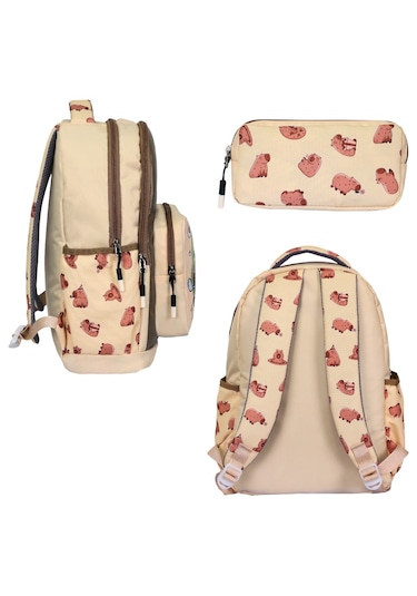 Capybara Bej İlkokul 3 Lü Set Baskılı, Beslenmeli Ve Kaleml