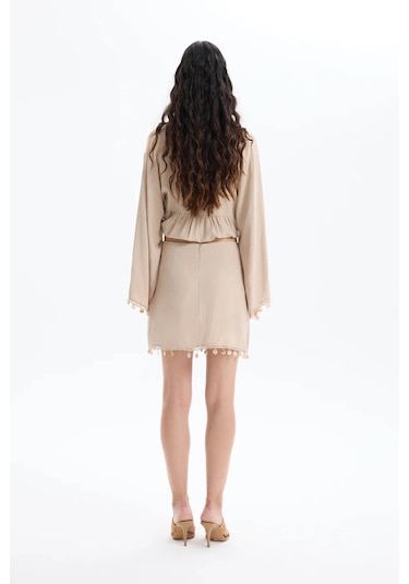 Quzu Midye Kabuk Aksesuarlı Keten Bej Kadın Etek Etk00451 Bej