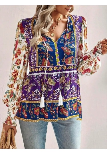 Nnstartshopping Kadın Uzun Kollu Yakası Açık Bağcıklı Çiçek Desenli Salaş Bluz Desenli