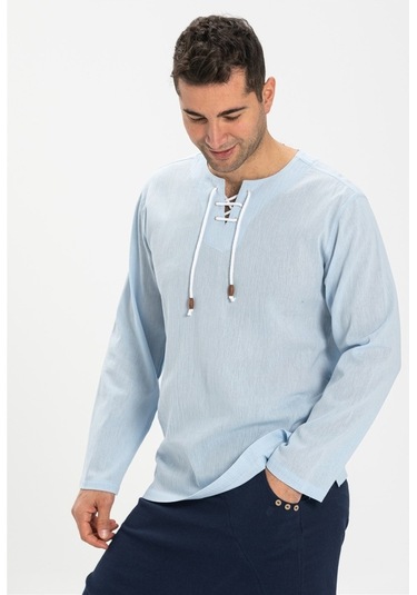 Uzun Kol Şile Bezi Zımbalı Erkek Tshirt Buz Mavi 3027