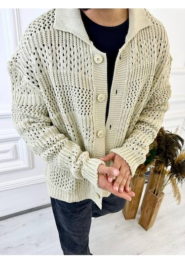 Elku Moda Hırka Oversize Özel Örgülü Triko Desenli Salaş Örgü Hırka Krem