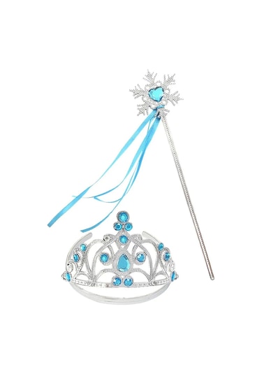 Mavi Taşlı Elsa Çocuk Taç Ve Kar Temalı Kurdeleli Elsa Asası Sopası