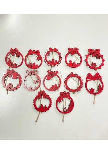 Ahşap 12 Adet Yılbaşı Ağacı Süsü Kırmızı