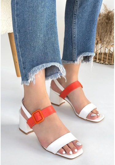 Year Beyaz Cilt Turuncu Detaylı Beyaz Kadın Topuklu Ayakkabı Beyaz3