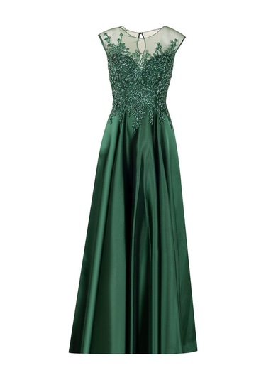 Hint Aksesuarlı Saten Görünümlü Abiye-koyu Yeşil Koyu Yeşil